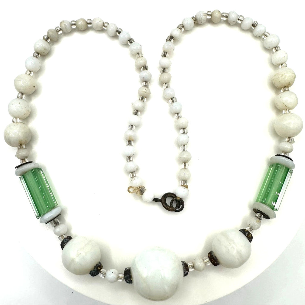 Antique Art Deco 1920s white milk green cane glass beaded graduated necklace