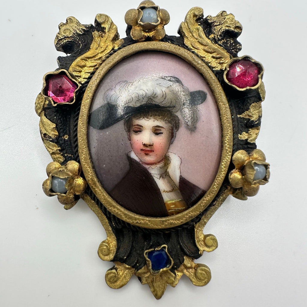 Antique Victorian hand painted portrait miniature gold gilt glass gems brooch