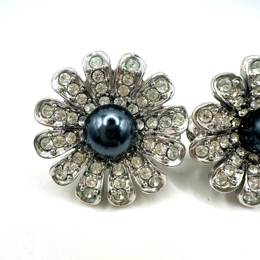 St. John vintage silver tone rhinestones faux black pearl clip on earrings