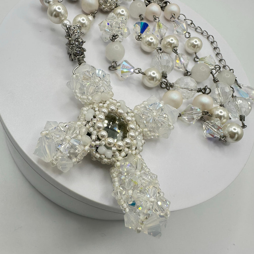 Handmade clear AB white opalite glass faux pearls cross beads beaded necklace