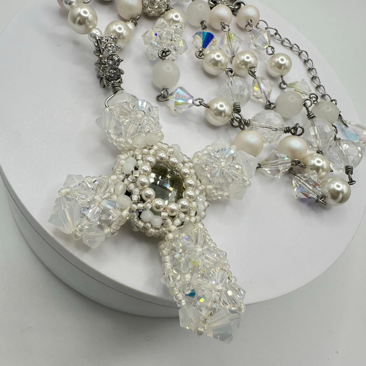 Handmade clear AB white opalite glass faux pearls cross beads beaded necklace