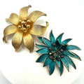 Bundle lot 2 Kramer signed vintage gold tone teal flowers floral brooches