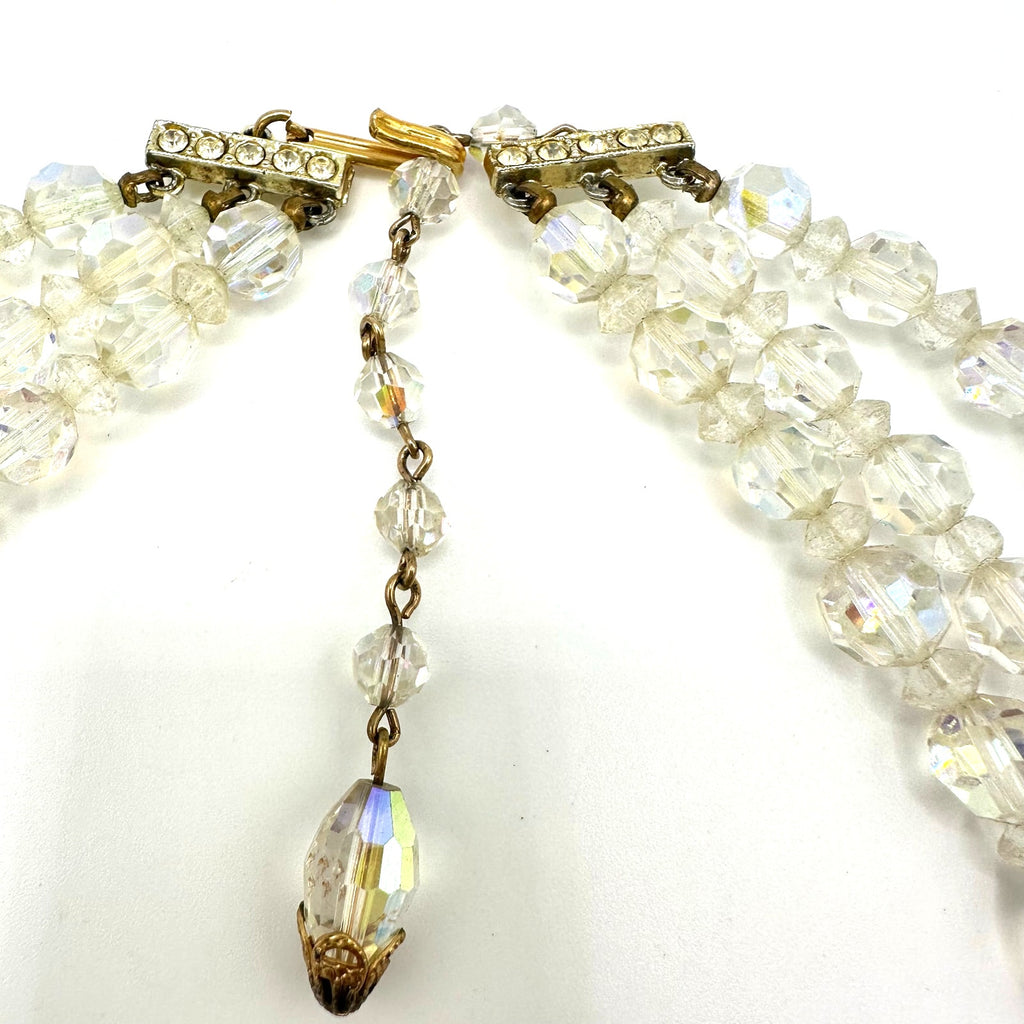 Vintage triple strand AB glass beaded gold tone filigree rhinestone necklace