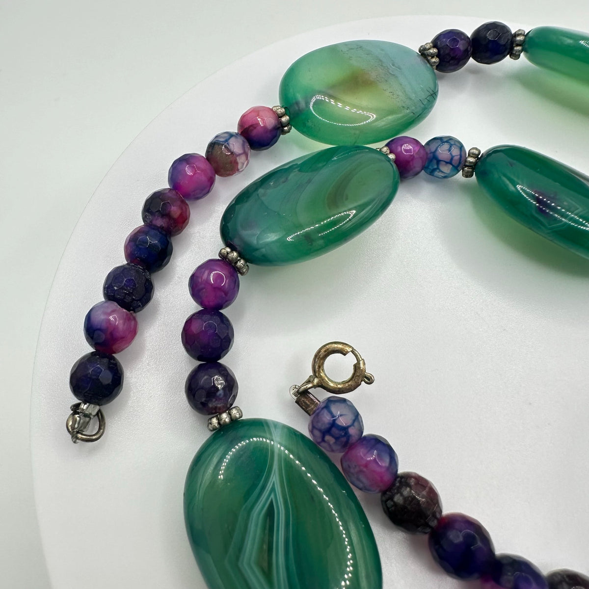 All semiprecious green pink purple dyed banded agate beads beaded necklace