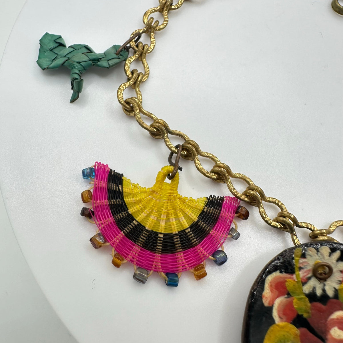 Antique vintage gold gilt handmade woven straw hand painted charms bracelet