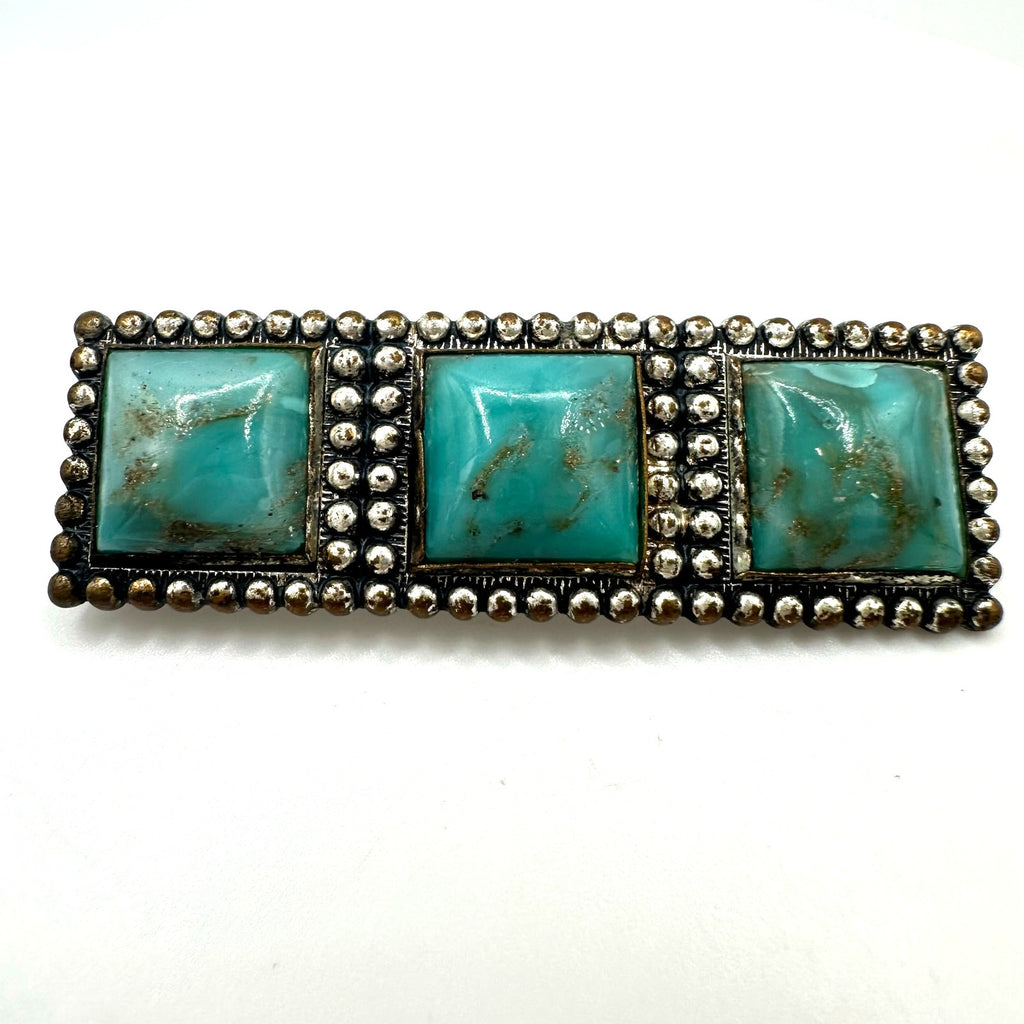 Antique Art Deco faux turquoise art glass cabochons silver gilt brass brooch