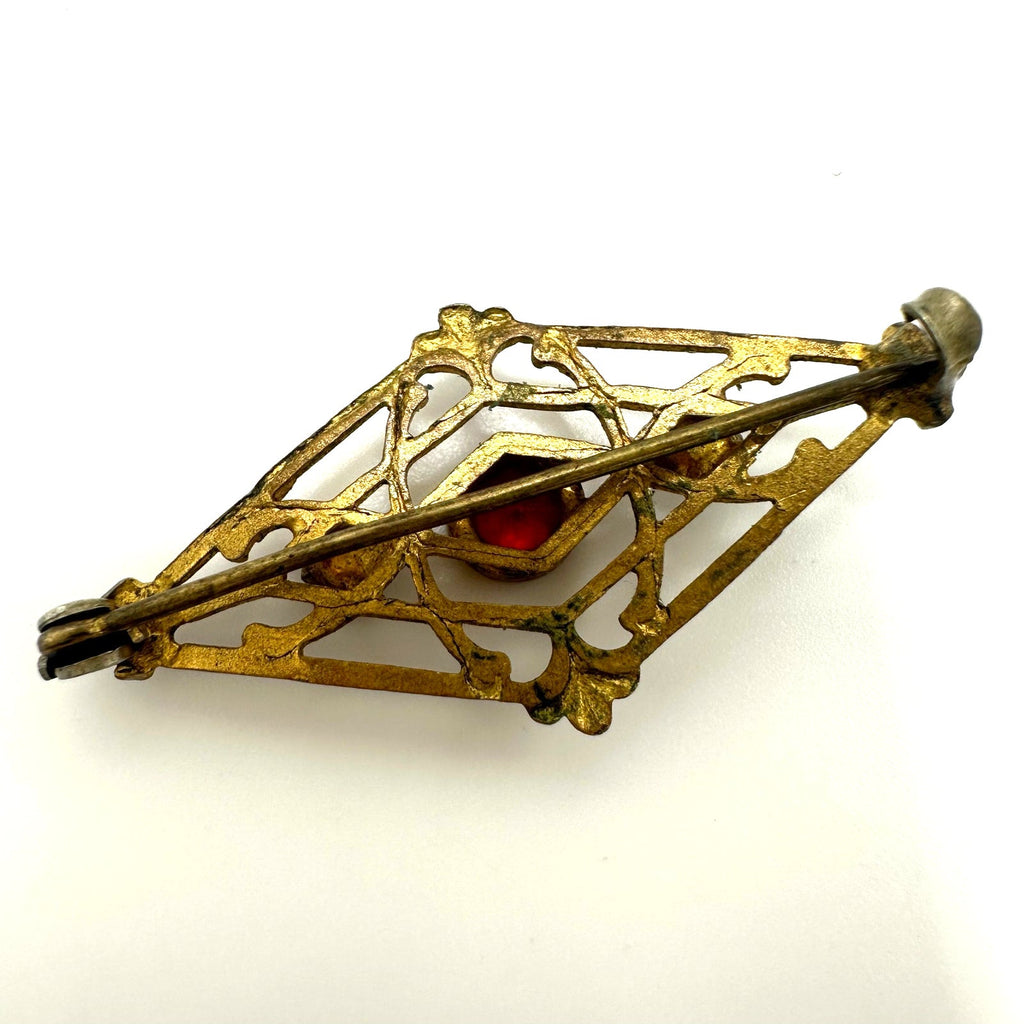 Antique Edwardian 1900s 1910s gold gilt red clear glass paste rhinestones brooch