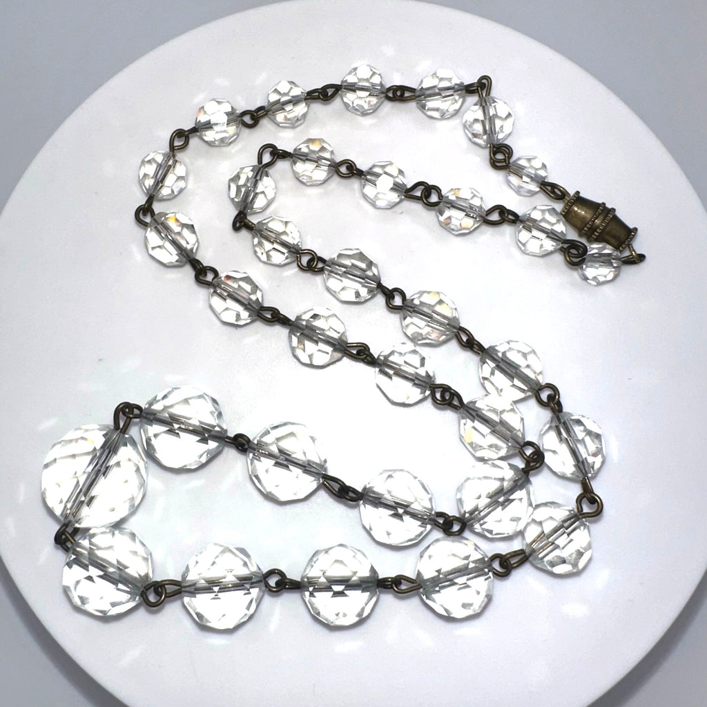 1940s vintage gold tone brass clear faceted glass beaded graduated 19" necklace
