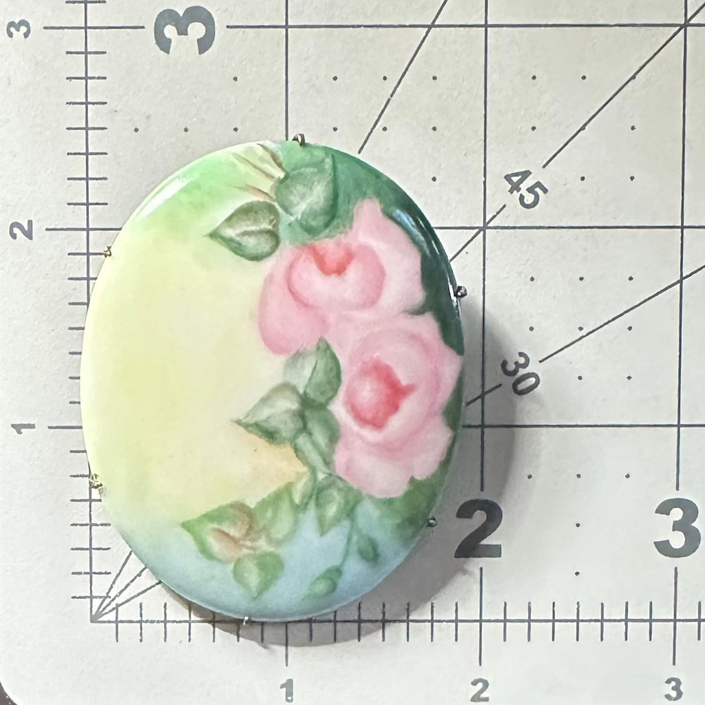 Antique Victorian Edwardian hand painted pink green yellow blue floral brooch