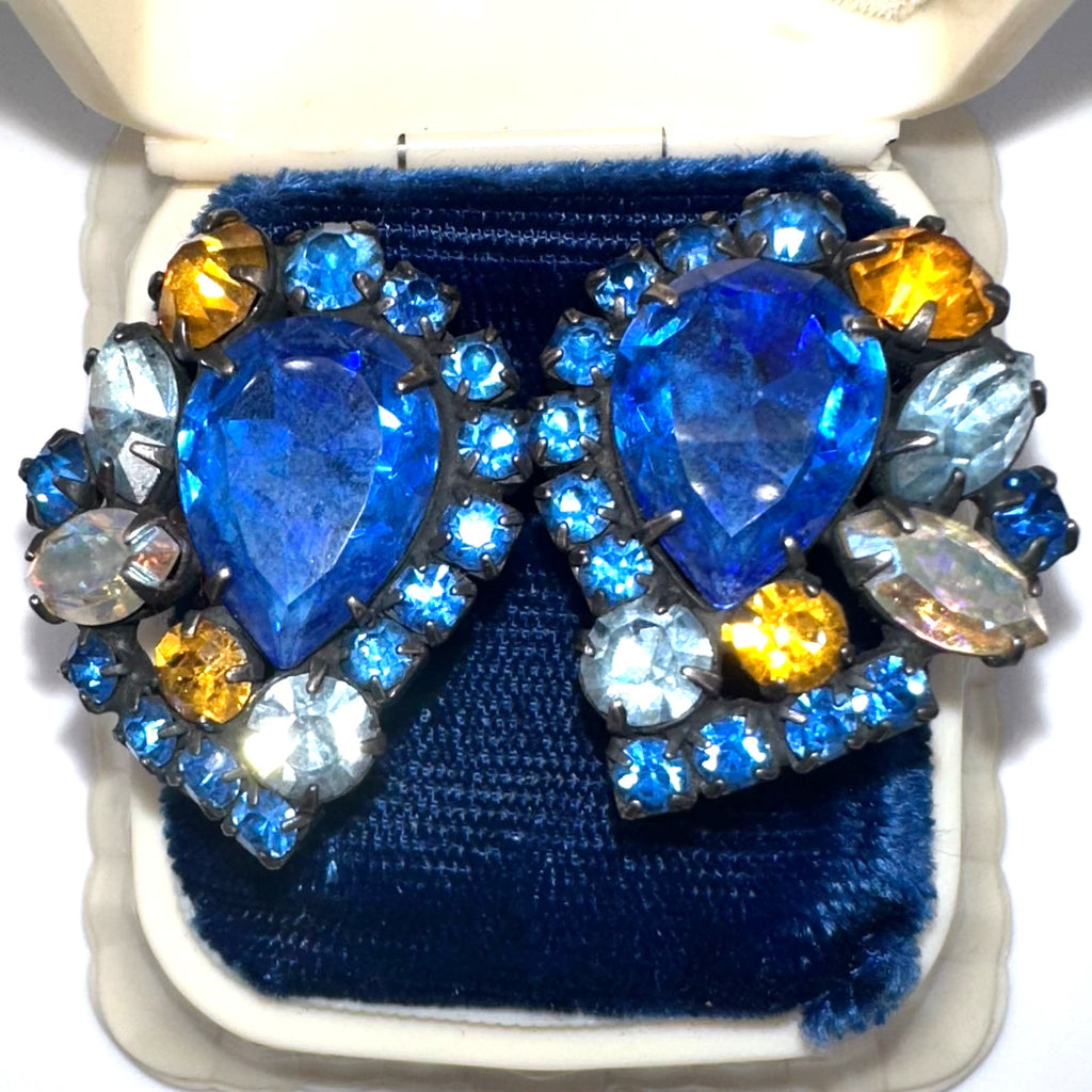 Vendome silver tone aurora borealis AB blue orange rhinestones clip on earrings
