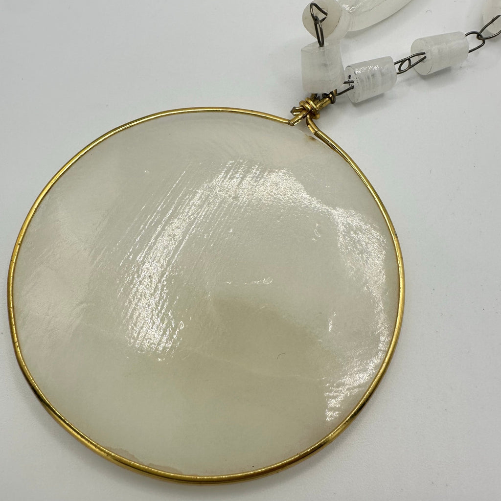 Vintage hand etched white agate large Aztec Mayan sun god pendant 26” necklace