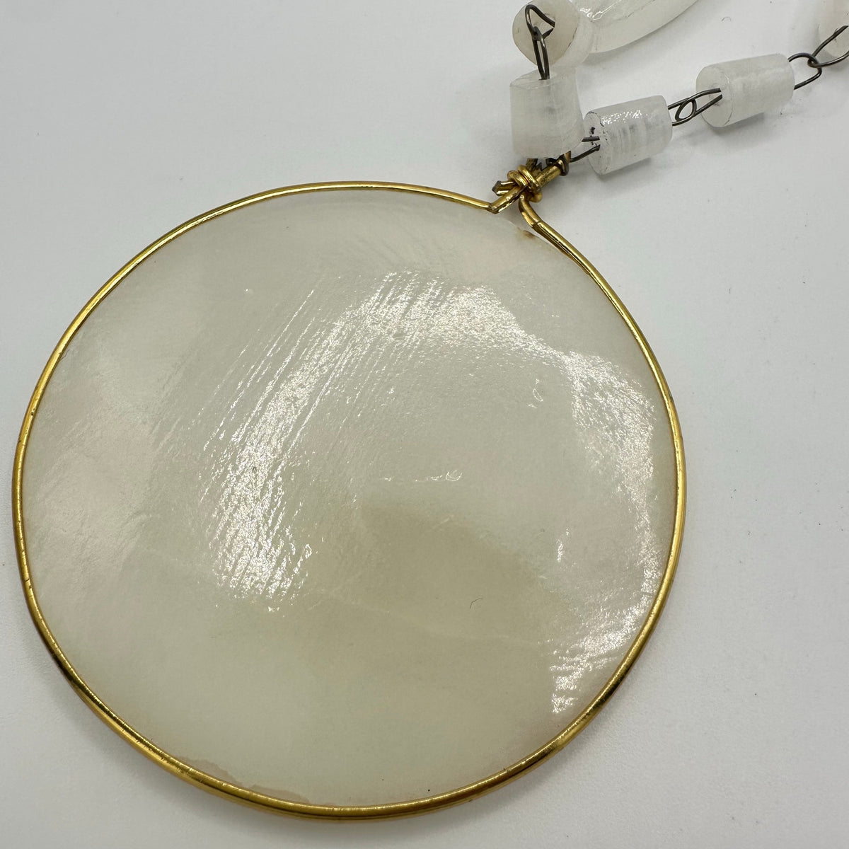 Vintage hand etched white agate large Aztec Mayan sun god pendant 26” necklace