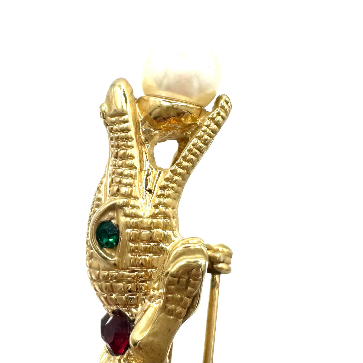 Vintage large gold tone red green rhinestones pearl alligator figural brooch