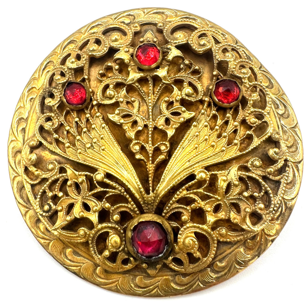 Antique 1900s Arts & Crafts gold gilt rose cut red paste glass sash pin brooch