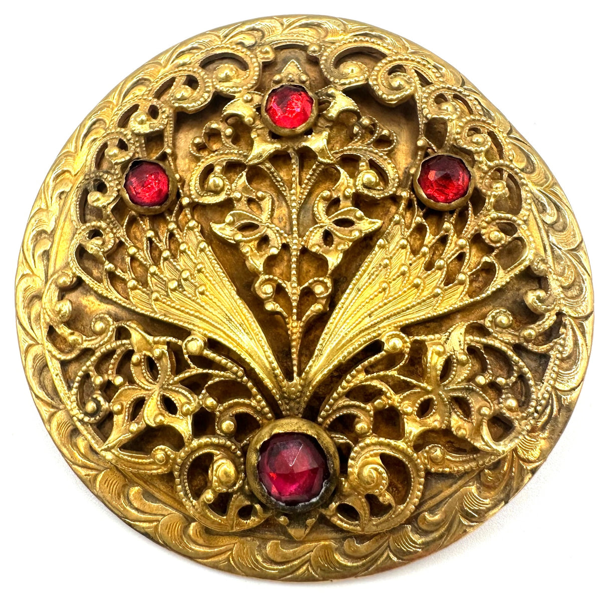 Antique 1900s Arts & Crafts gold gilt rose cut red paste glass sash pin brooch
