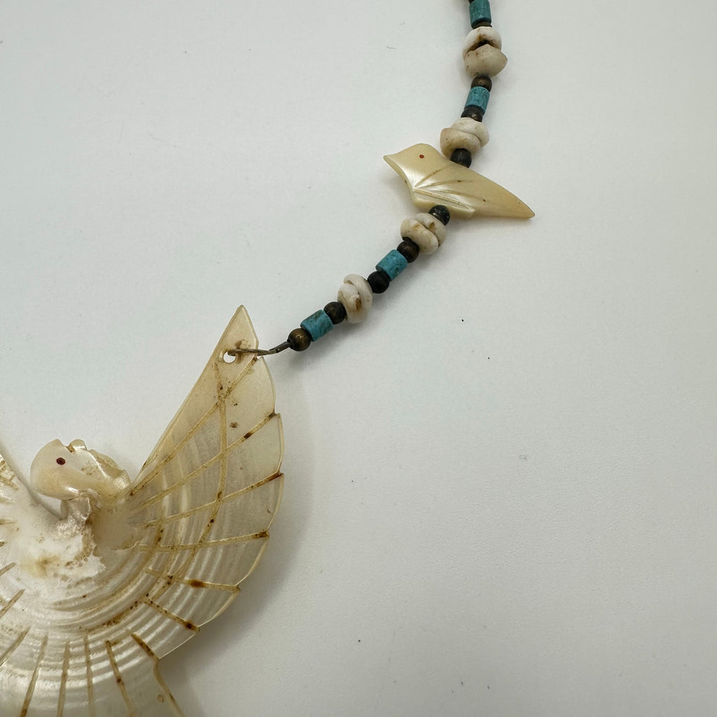 Native American carved mother of pearl fetish bird heishi beaded necklace