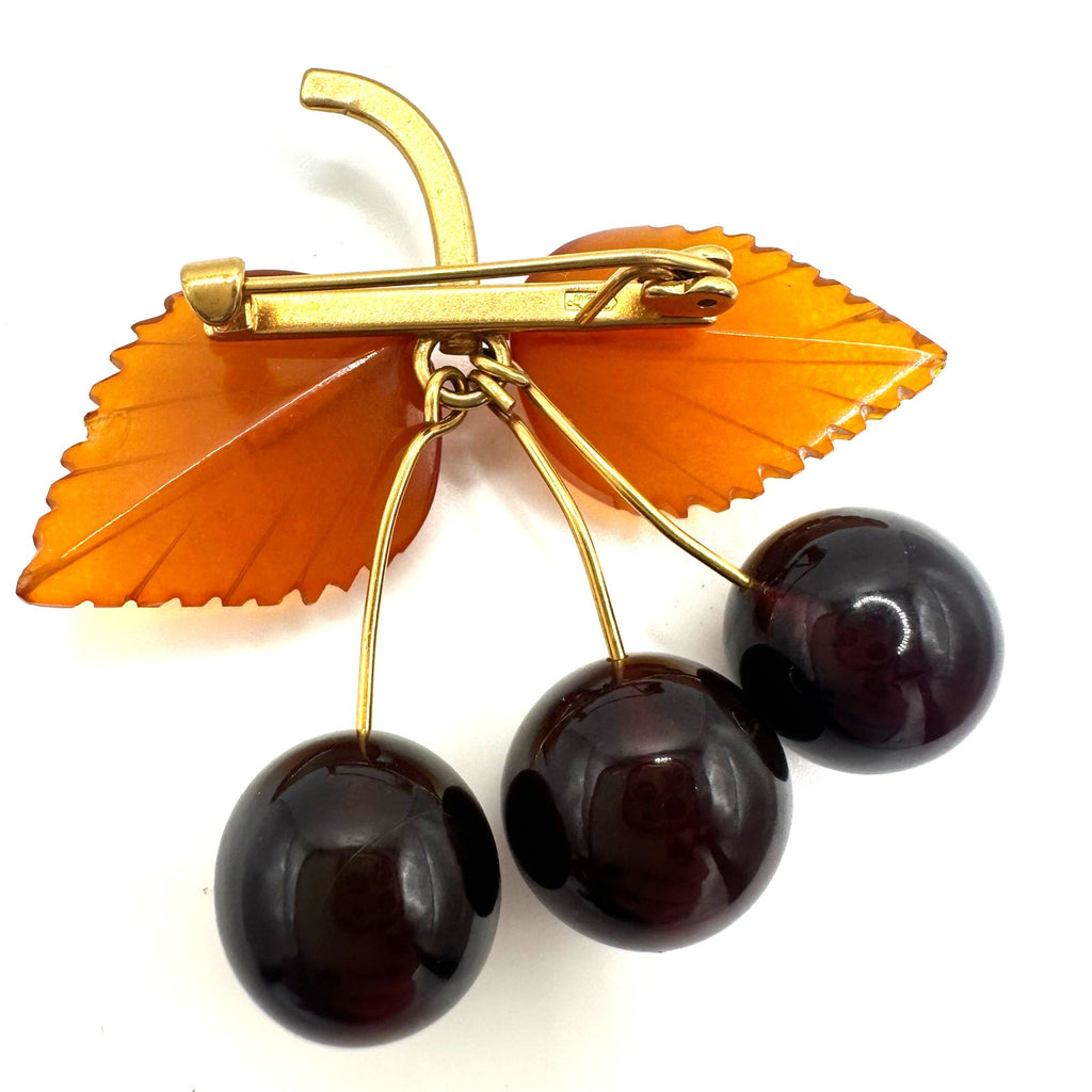 Soviet vintage gold plated genuine Baltic amber beaded cherry cherries brooch