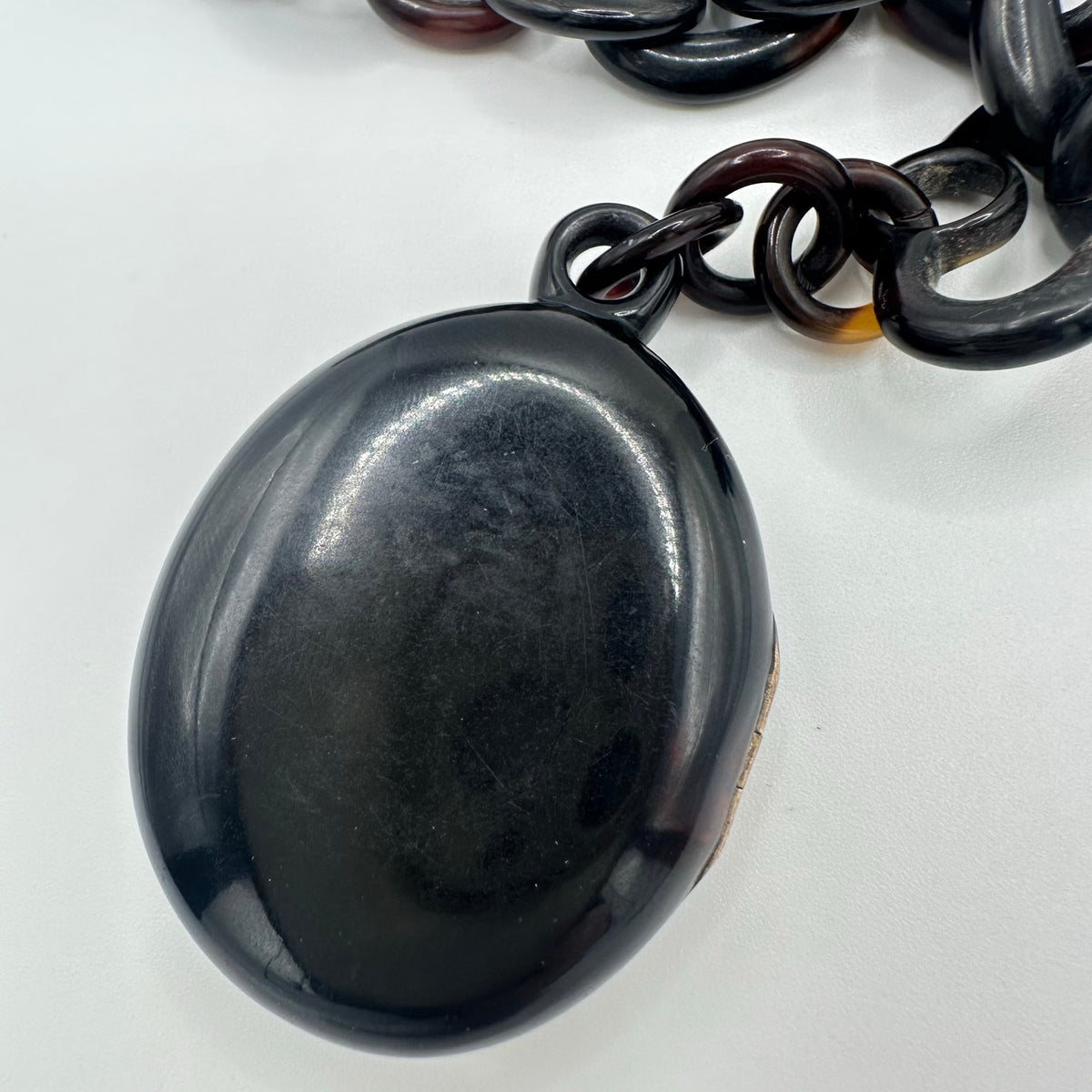 Antique Victorian 1800s Pique "faux" tortoise shell 14kt gold inlay locket chain