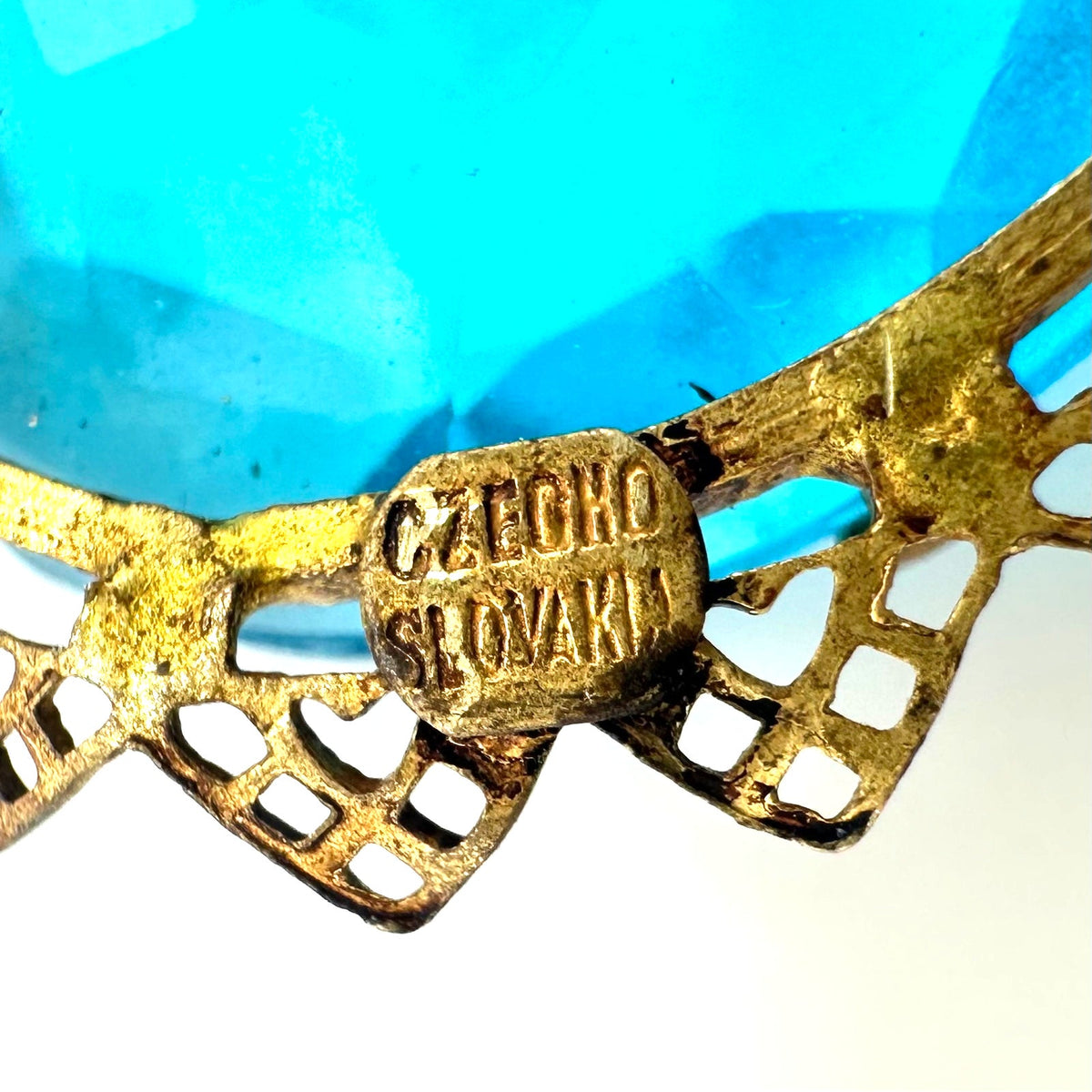 Czechoslovakia antique Art Deco 1920s aqua blue glass rhinestone brass brooch