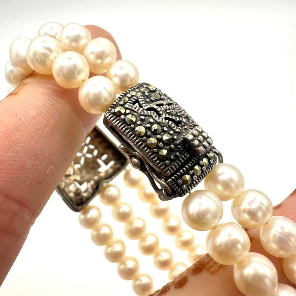 NF Thailand 925 sterling silver marcasite real freshwater pearls bracelet 32.40g