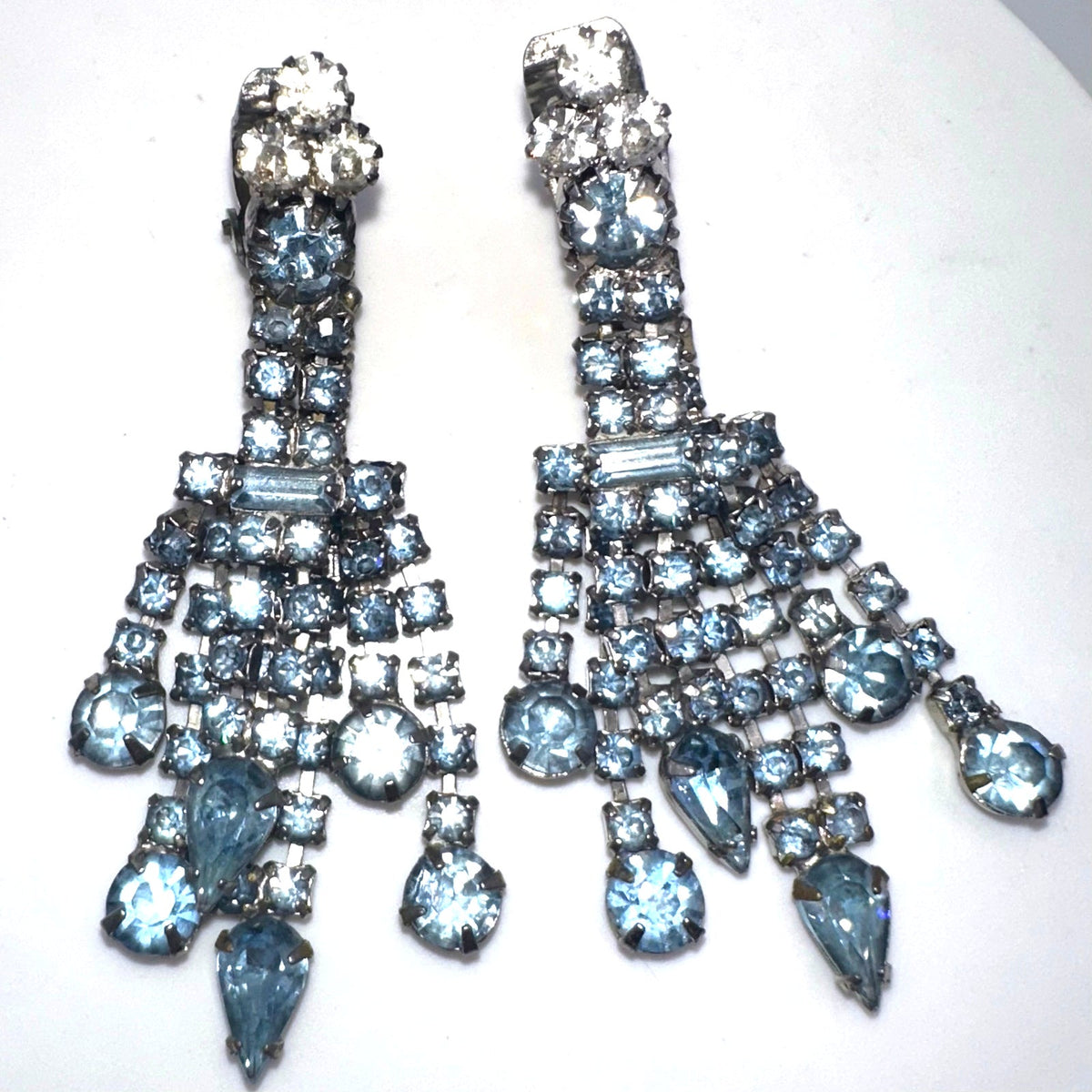 Vintage silver tone light blue clear rhinestones drop fringe clip on earrings