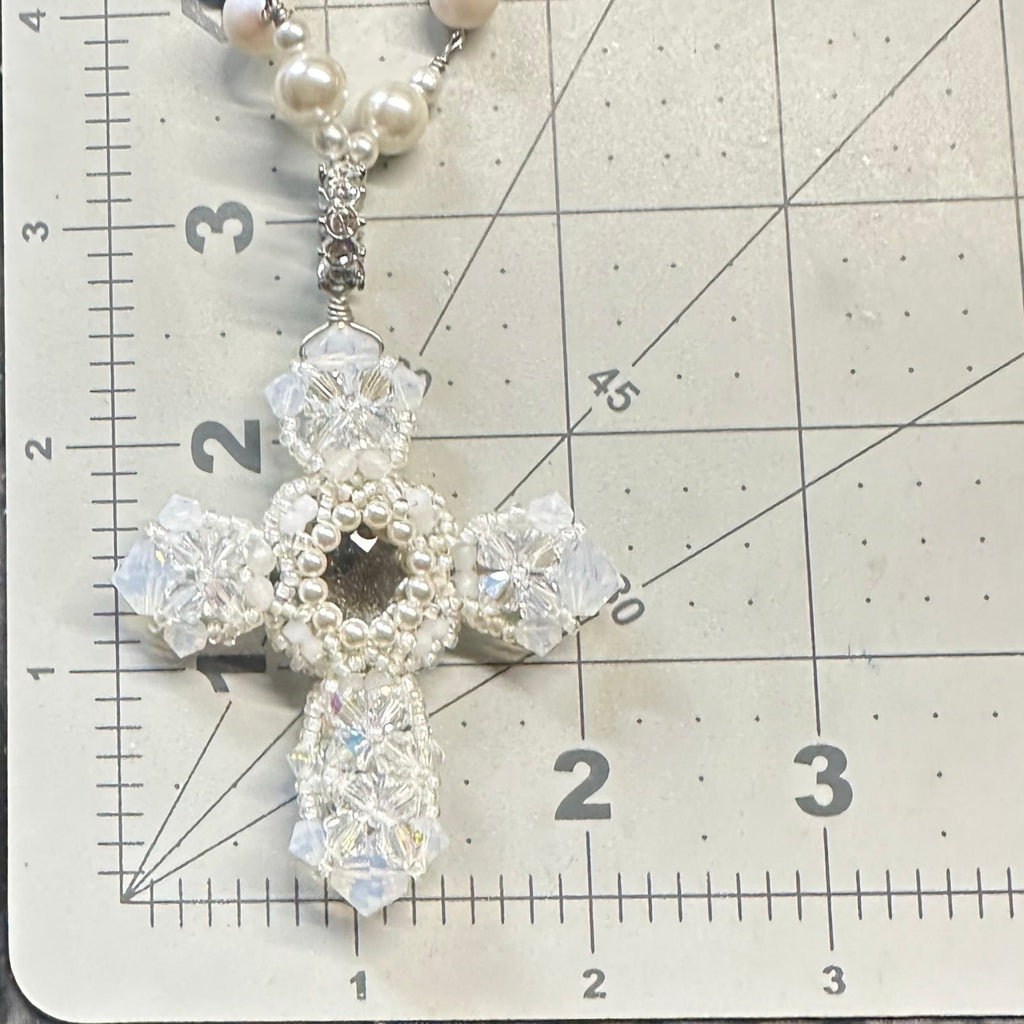 Handmade clear AB white opalite glass faux pearls cross beads beaded necklace