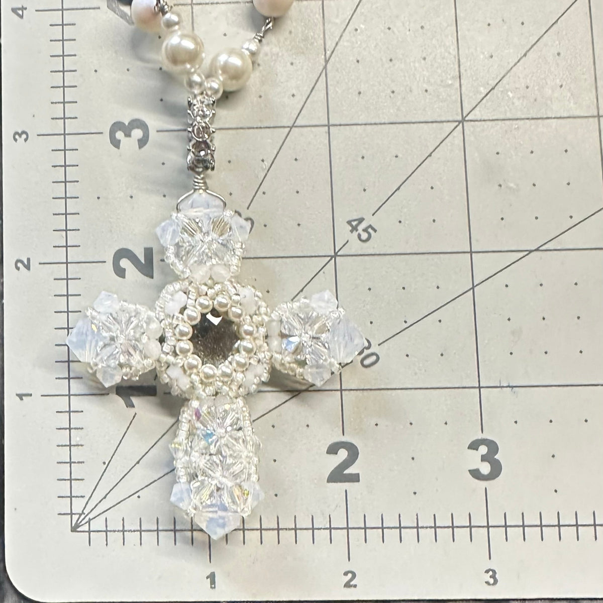 Handmade clear AB white opalite glass faux pearls cross beads beaded necklace