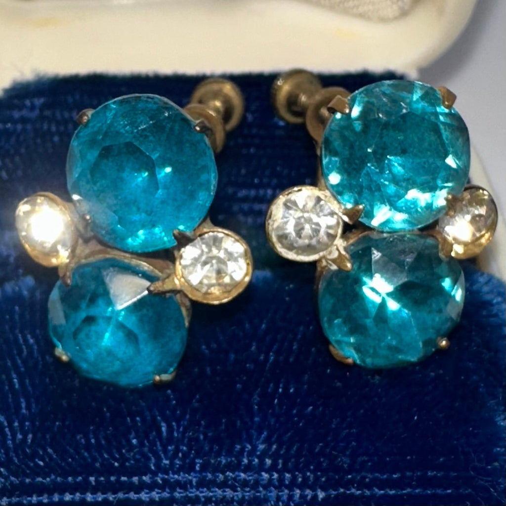 Antique gold tone blue Czech glass clear rhinestones screw back earrings