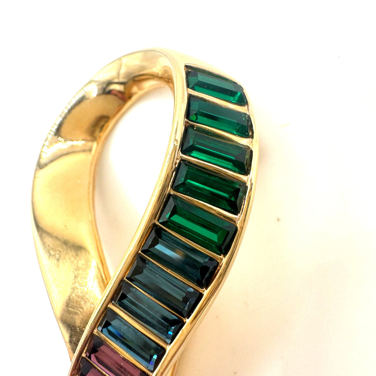 Swarovski Swan signed vintage gold tone rainbow baguettes rhinestones brooch