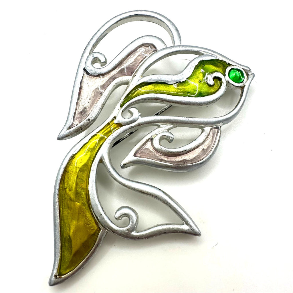 Givenchy vintage 1980s 1990s silver tone green enamel fish figural brooch