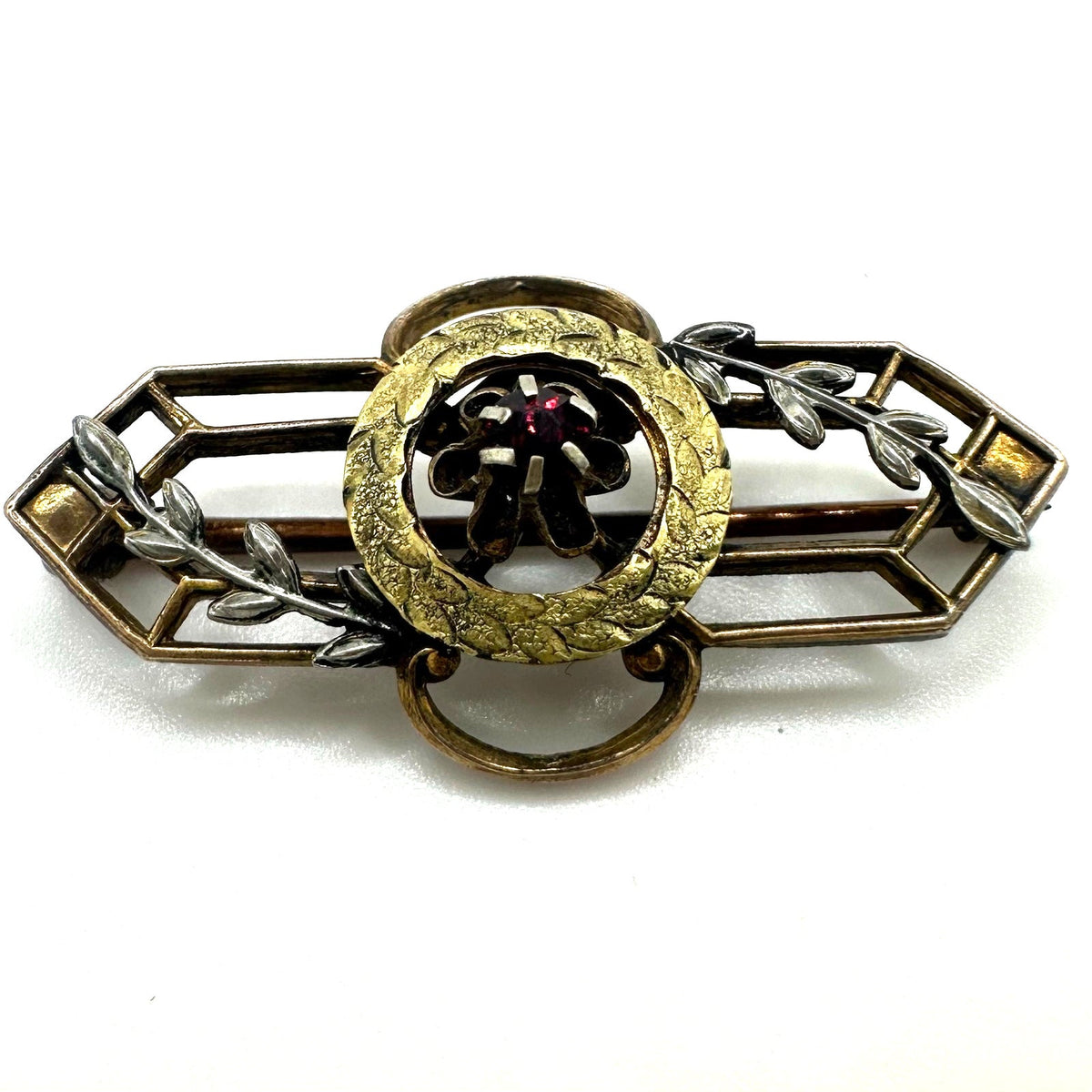 Cheever Tweedy antique Edwardian 1900s gold filled red glass paste brooch pin