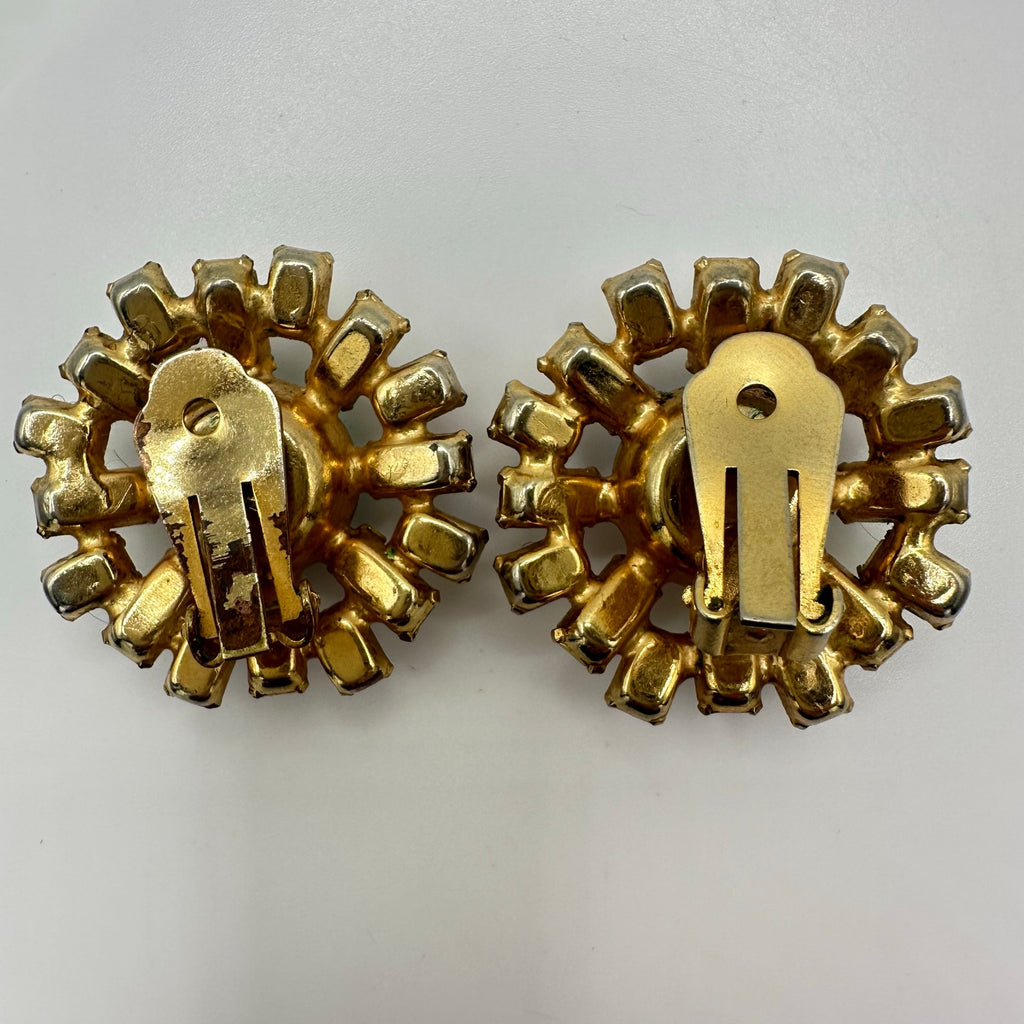 1950s vintage gold tone aurora borealis AB glass rhinestones clip on earrings