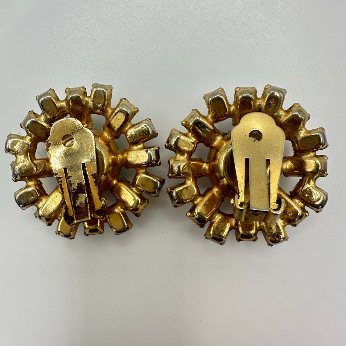 1950s vintage gold tone aurora borealis AB glass rhinestones clip on earrings