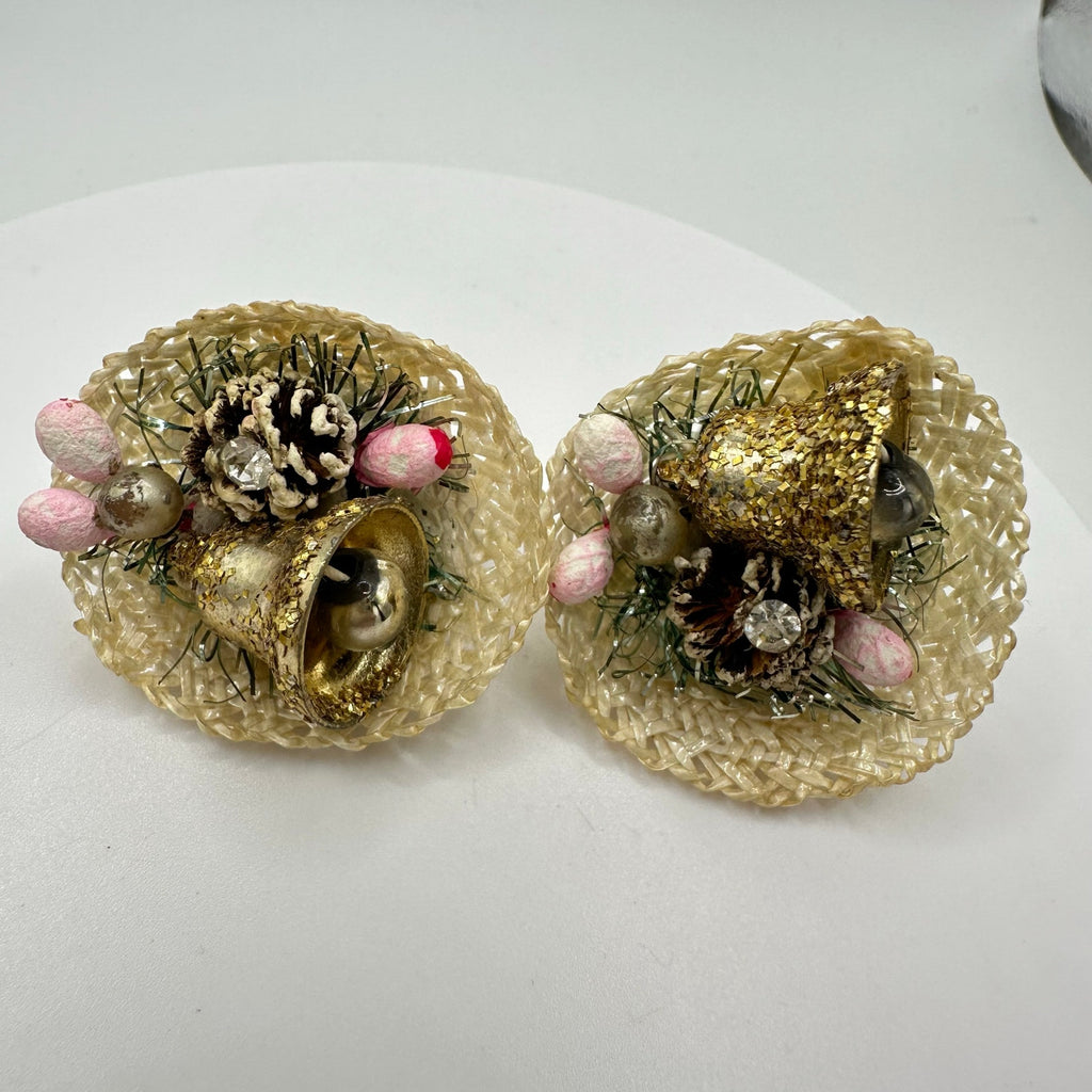 Japan vintage woven baskets pinecone bells berry beaded clip on earrings