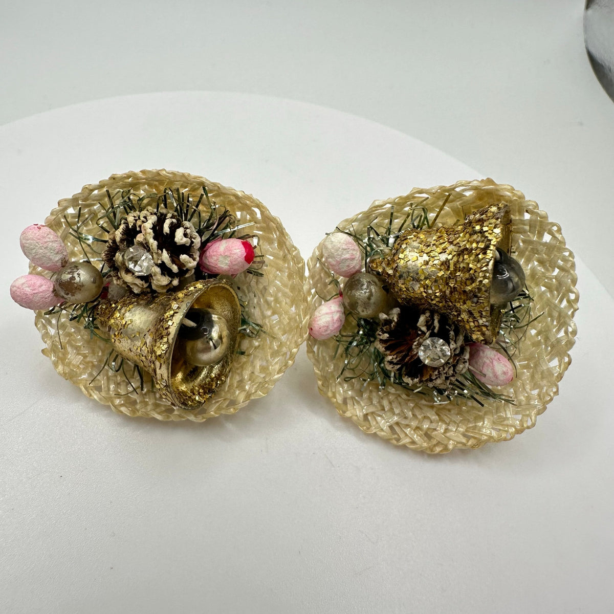 Japan vintage woven baskets pinecone bells berry beaded clip on earrings