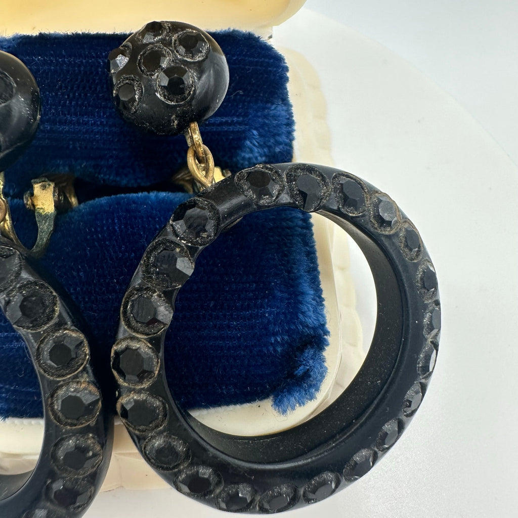 Vintage retro 1940s black lucite glass rhinestones dangle clip on earrings