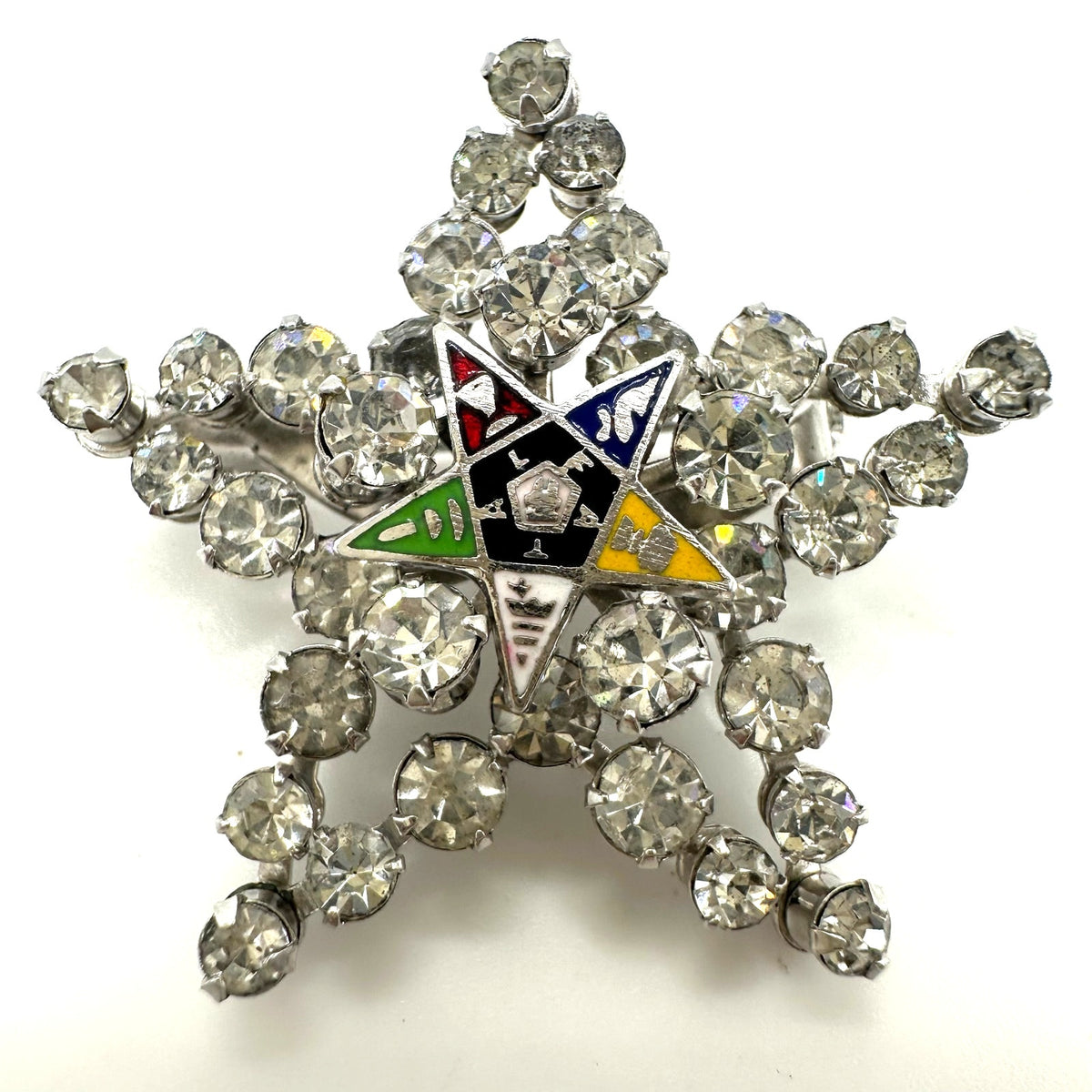 Order of the Eastern 5 point Star vintage silver tone rhinestones enamel brooch