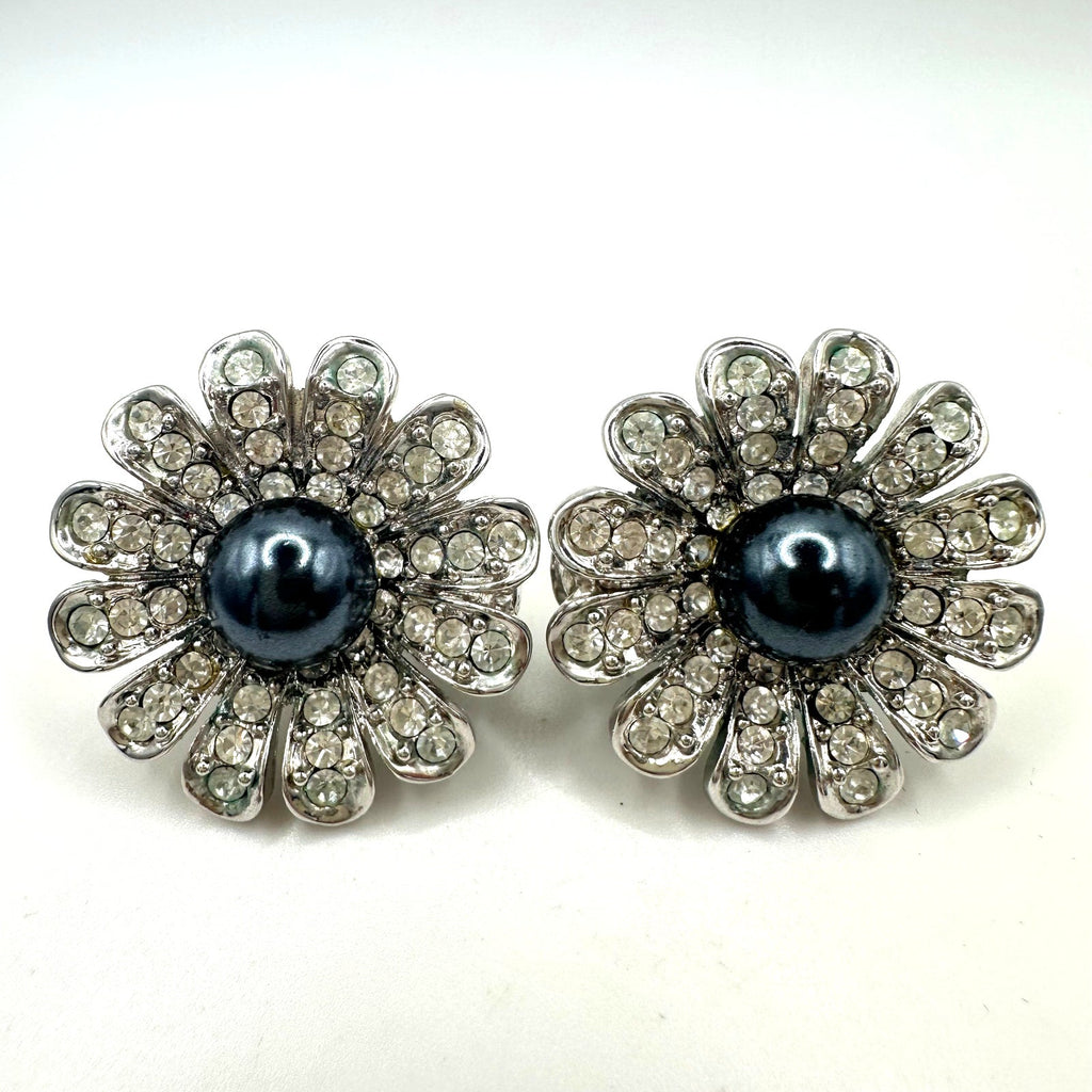St. John vintage silver tone rhinestones faux black pearl clip on earrings