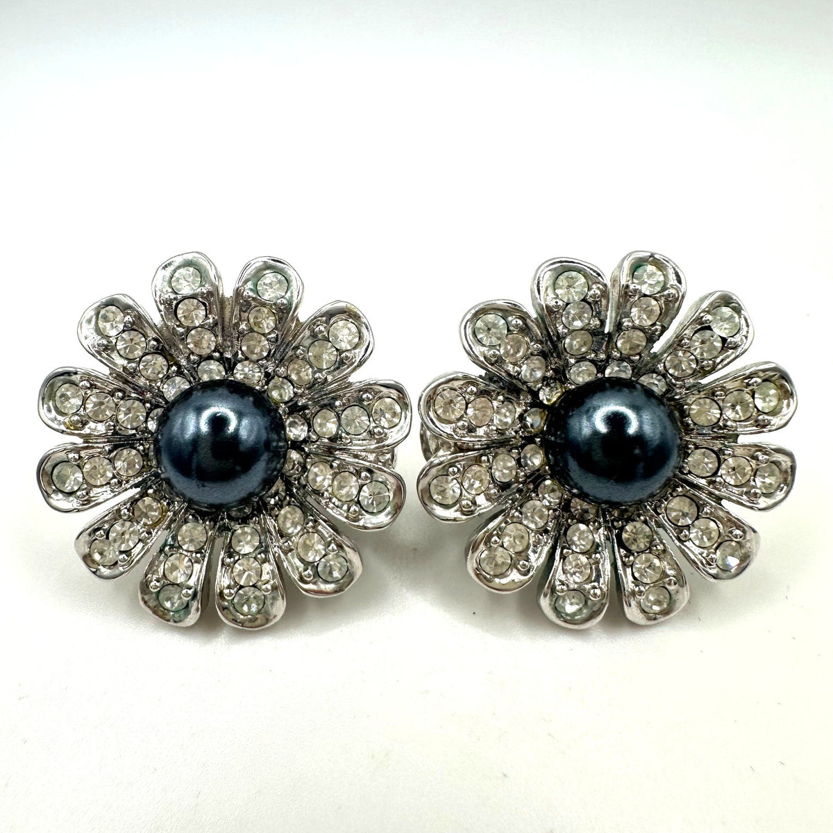 St. John vintage silver tone rhinestones faux black pearl clip on earrings