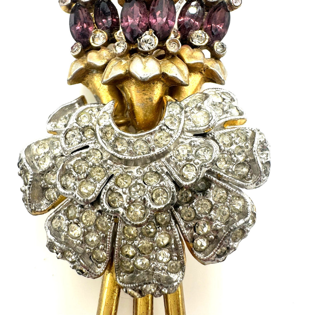 Vintage 1940 gold tone purple rhinestones large flower floral bouquet brooch