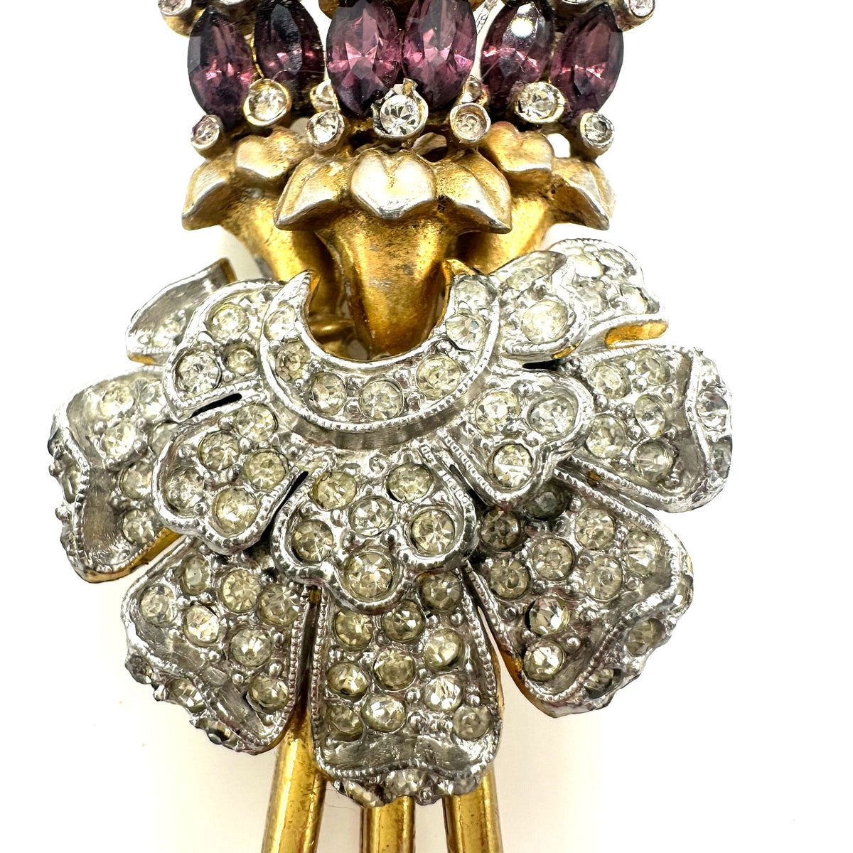 Vintage 1940 gold tone purple rhinestones large flower floral bouquet brooch