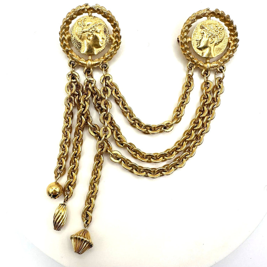 Monet 1980s vintage gold plated double 2 cameo Roman coins chains swag brooch