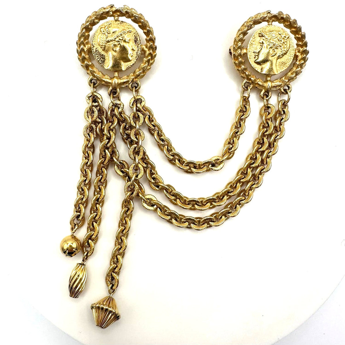 Monet 1980s vintage gold plated double 2 cameo Roman coins chains swag brooch