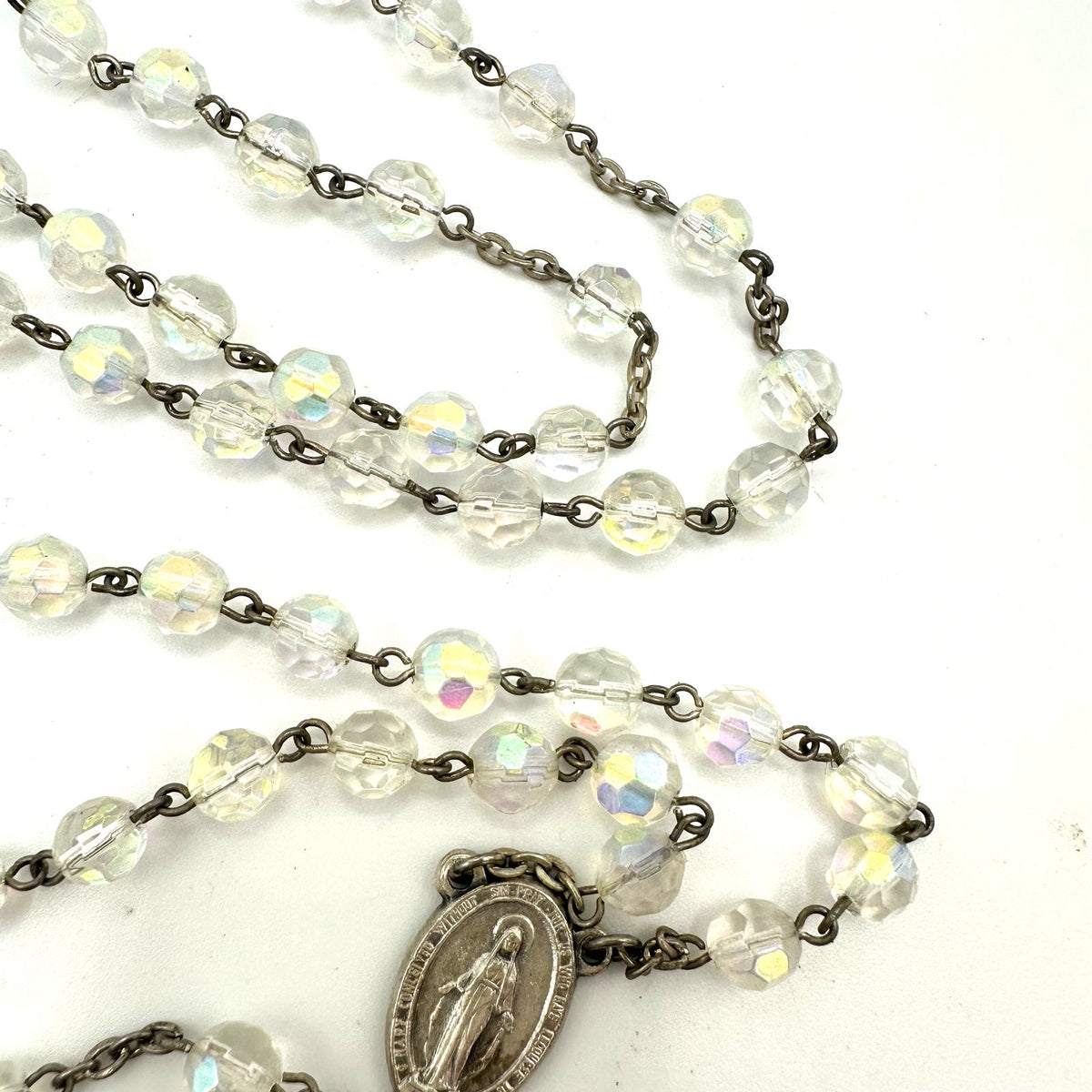 Italy silver tone clear glass AB aurora borealis beaded Catholic rosary necklace