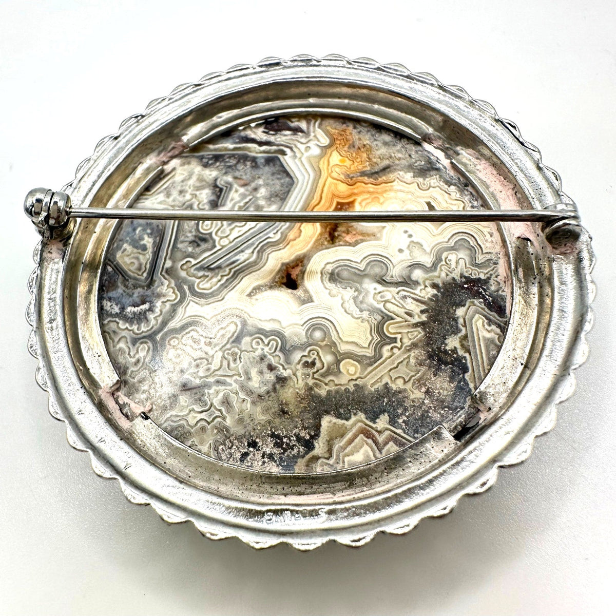 Vintage sterling silver Mexican crazy lace semiprecious genuine agate brooch