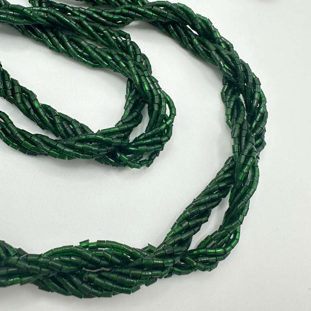 Antique vintage emerald green art glass tube beads beaded twisted necklace