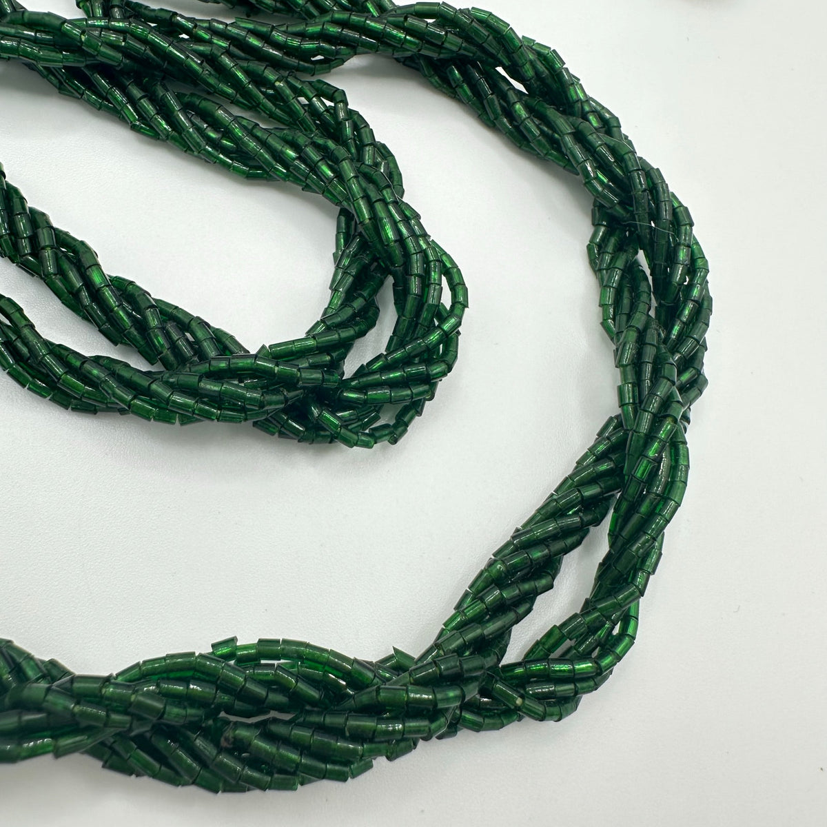 Antique vintage emerald green art glass tube beads beaded twisted necklace