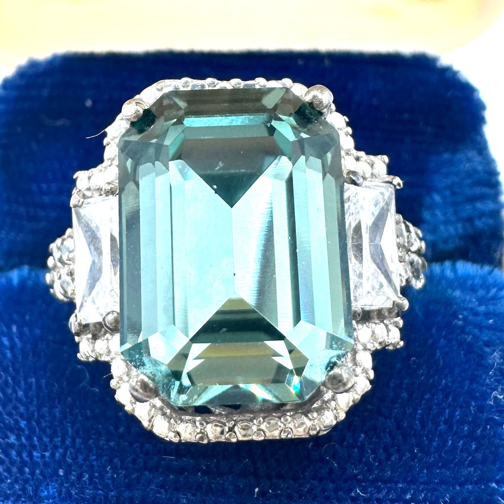 Karis silver tone stainless steel dusty aqua blue clear CZs ring 6.25