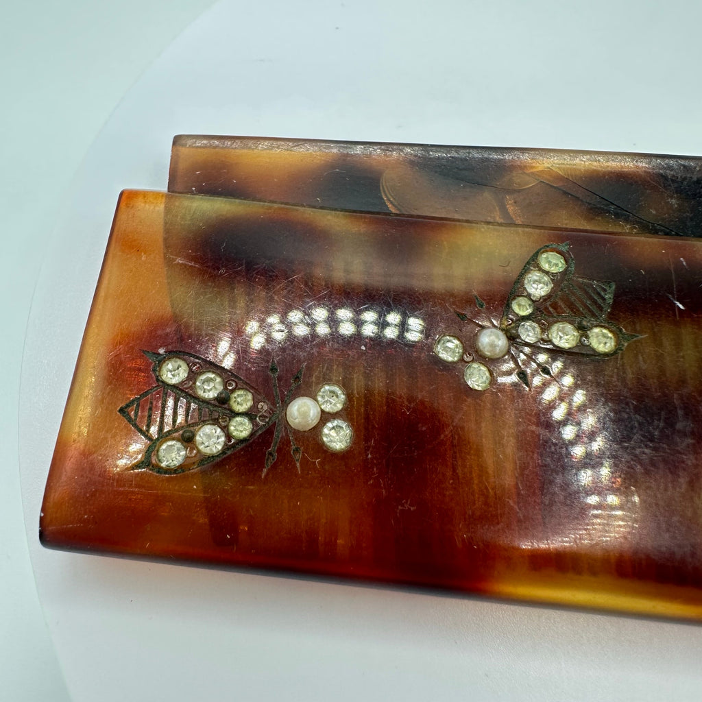 Made in France vintage faux tortoiseshell celluloid rhinestone bees hair comb