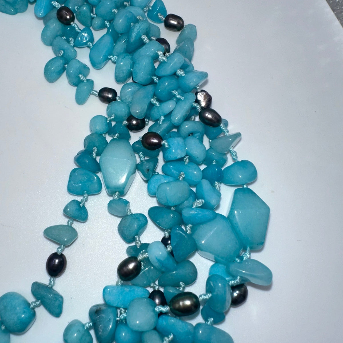 Handmade Caribbean blue quartz freshwater pearls 6 multi strand beaded necklace